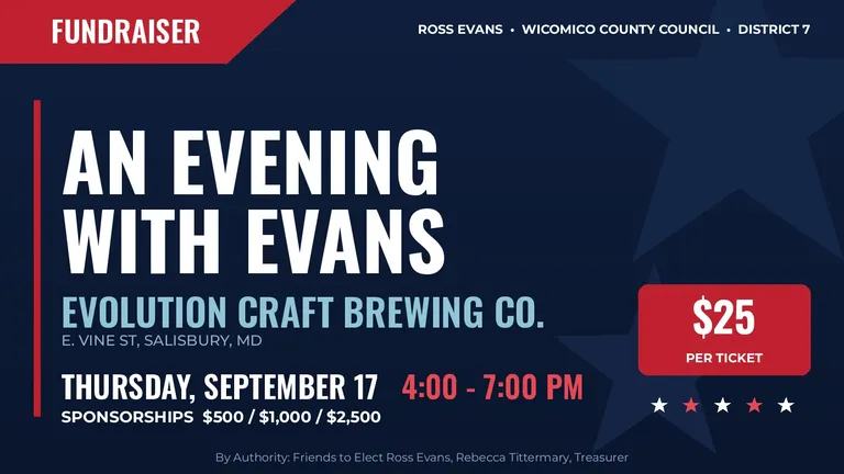 Event graphic: An Evening with Evans, Thursday, September 17, 2026, 4:00-7:00 PM at Evolution Craft Brewing Co., E. Vine St, Salisbury, MD. $25 per ticket.