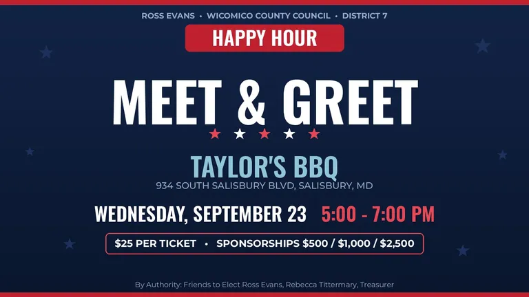 Event graphic: Happy Hour Meet & Greet, Wednesday, September 23, 2026, 5:00-7:00 PM at Taylor's BBQ, 934 South Salisbury Boulevard, Salisbury, MD. $25 per ticket.