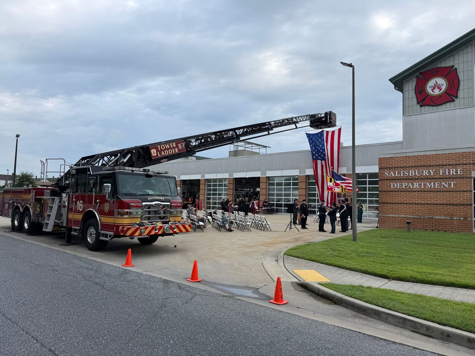 Salisbury Fire Department Station 16 ladder truck raised with American flag